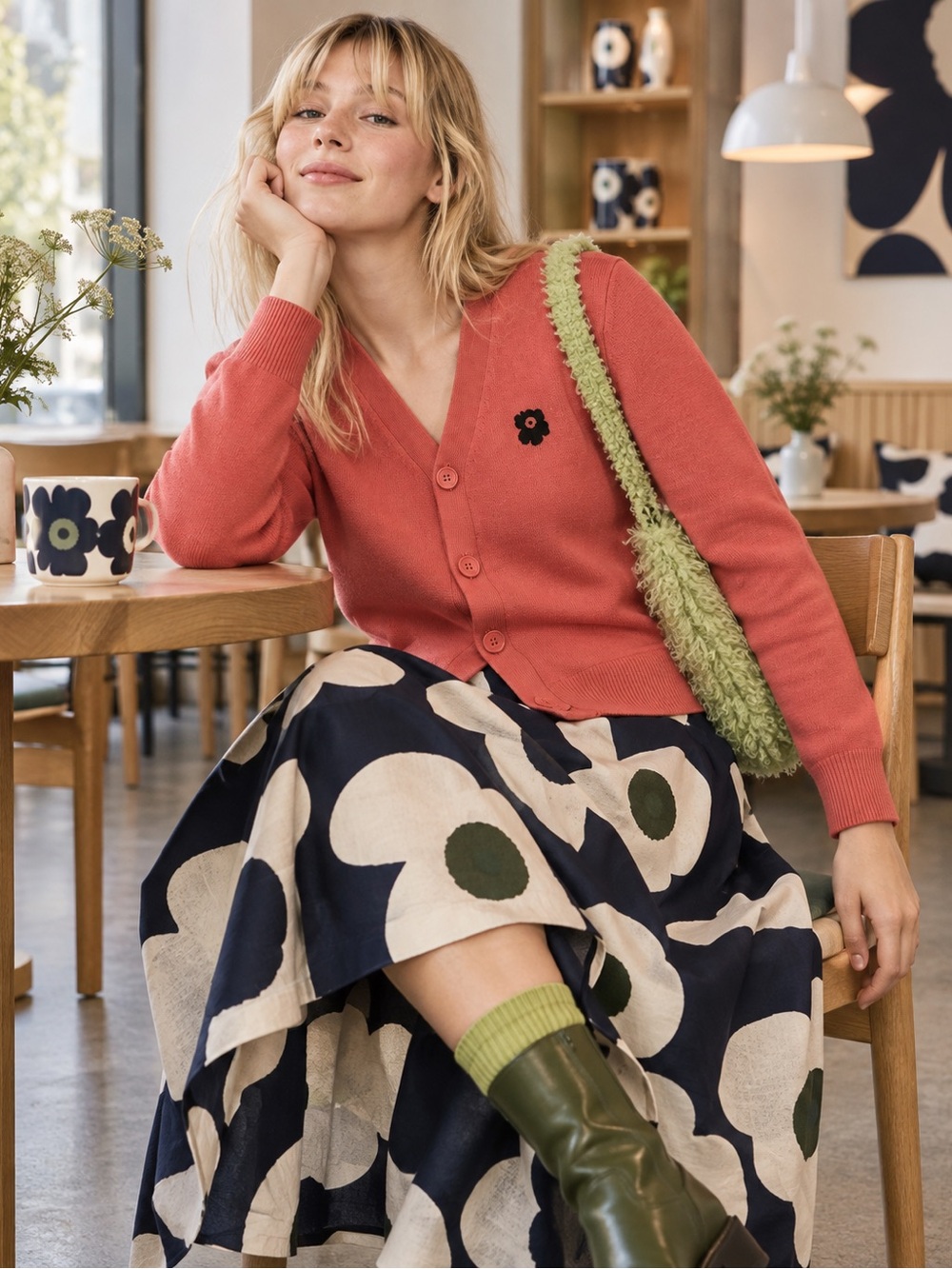 Marimekko Sif Unikko Wool Cardigan XS Coral Pink Flower Embroidered